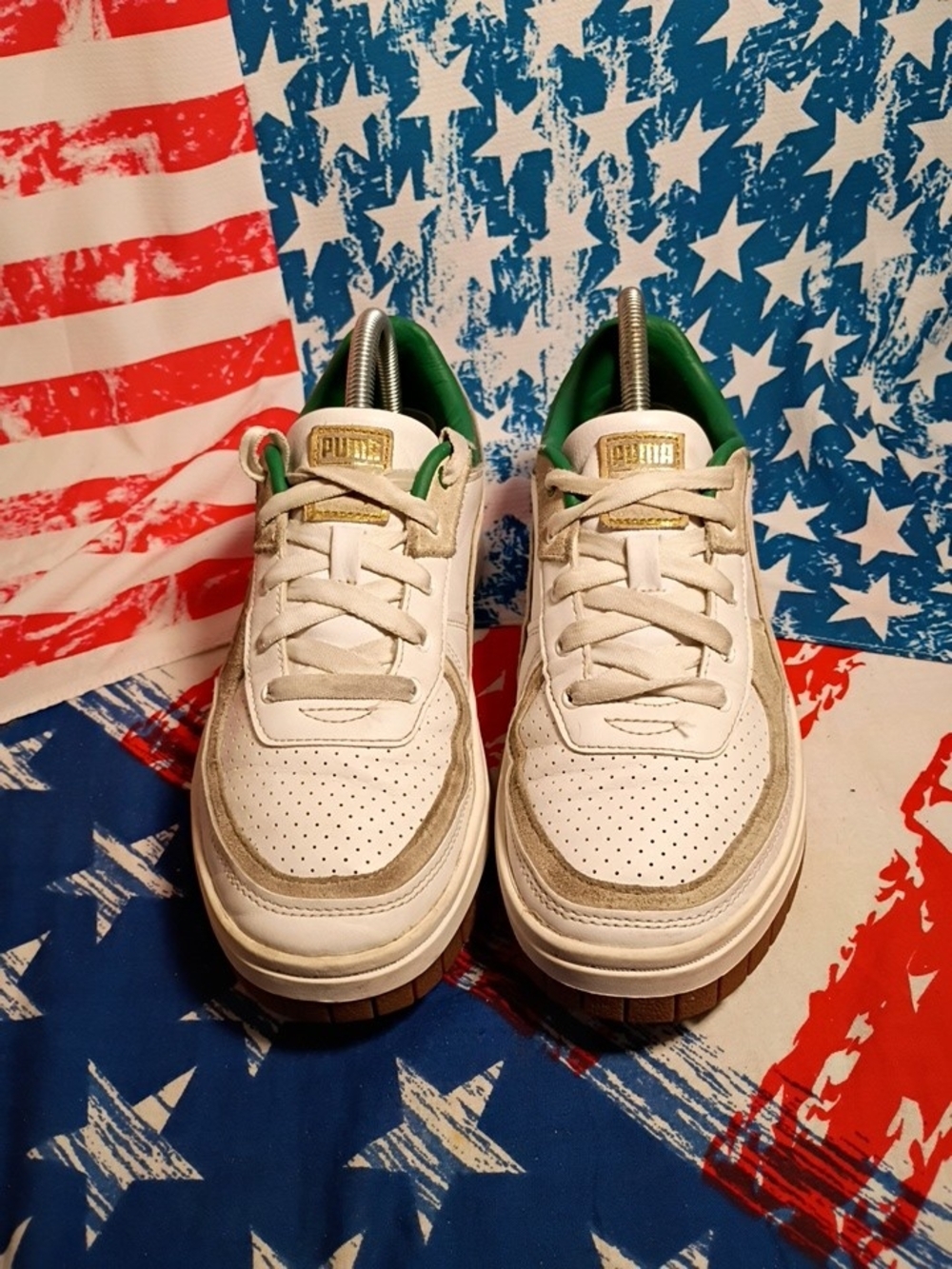 Puma Women's 7.5 White Sneakers with Green Lining and Gold Logo